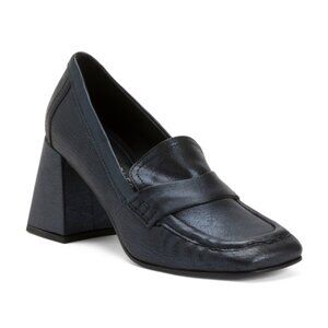 NEW! BEAUTIISOLES Made In Italy Leather Lola Heels Loafer in NAVY 254 8T4